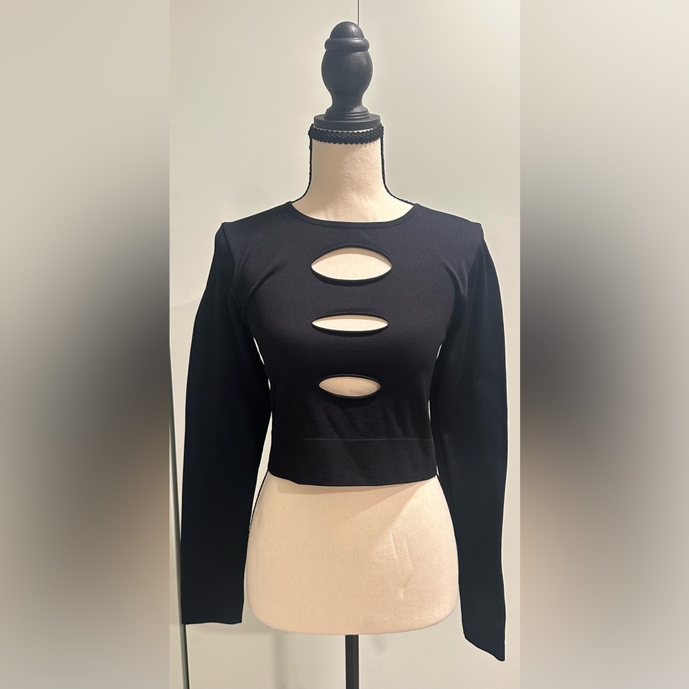 NWT GARAGE Size L Black Sexy Long Sleeved Ribbed Scoop Neck Cut-Out Crop Top - Picture 3 of 6